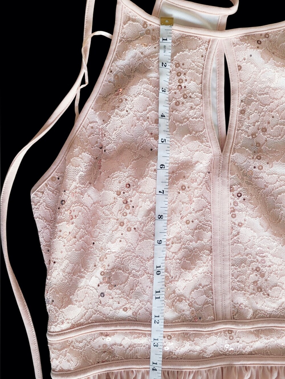 Morgan & Co Blush Pink Sequin Lace Maxi Dress Size 14 Halter Bridesmaid Formal - Picture 9 of 11